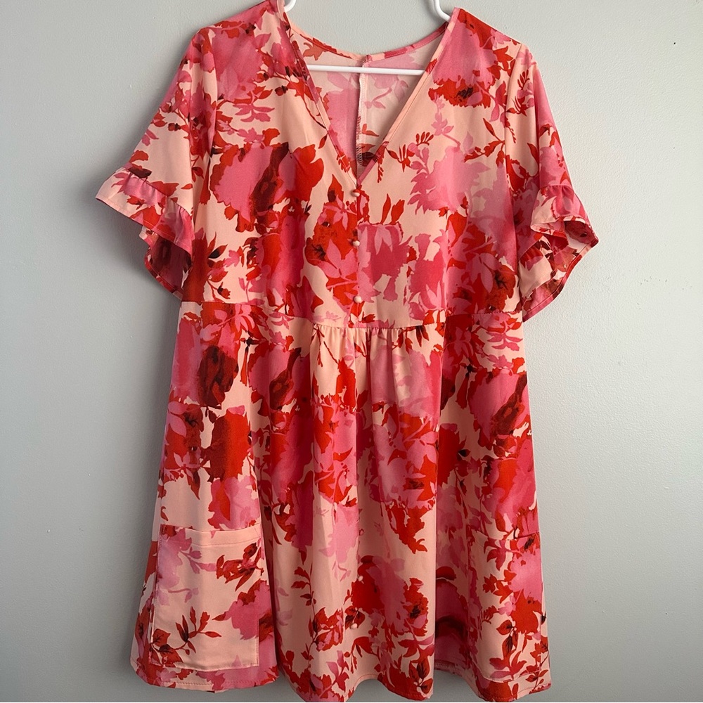 XL pink floral short sleeve mini dress / tunic blouse spring summer